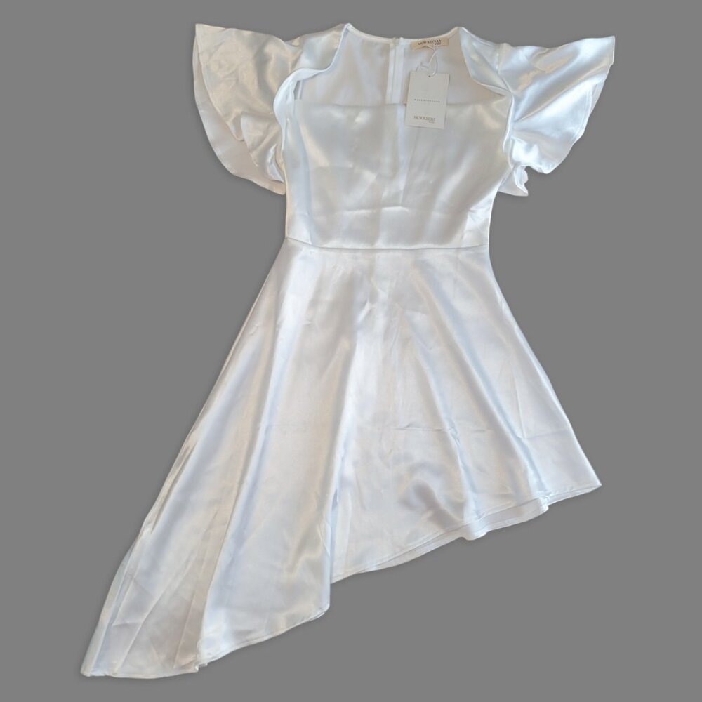 Morrisday White Satin Mini Dress, Angel Look Asymmetrical Dress, Size S